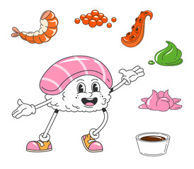 Cartoon groovy Japanese sushi character. Isolated vector funny Asian food personage. Funky rice ball with fresh tuna fish slice, soy sauce, wasabi, shrimp, caviar, ginger and octopus ingredient around