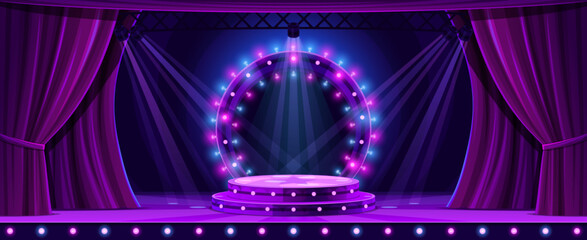 Theater entertainment stage podium. Vector background with realistic 3d round scene with ramp lights and purple curtains. Neon glowing empty platform or pedestal for presentation, show performance