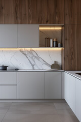 Modern kitchen interior with gray and wooden cabinet doors, marble kitchen backsplash and worktop, built-in stove and sink, dishes on an open shelf, warm cabinet lighting, and beige floor
