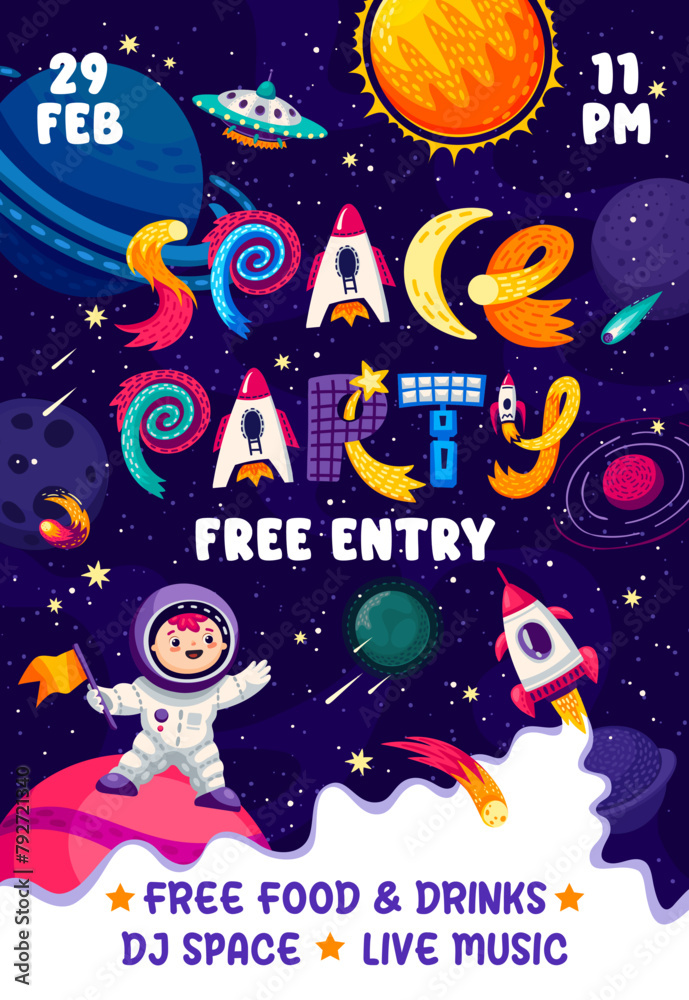 Poster cartoon galaxy space party flyer with kid astronaut and alien ufo, vector background. kids space par