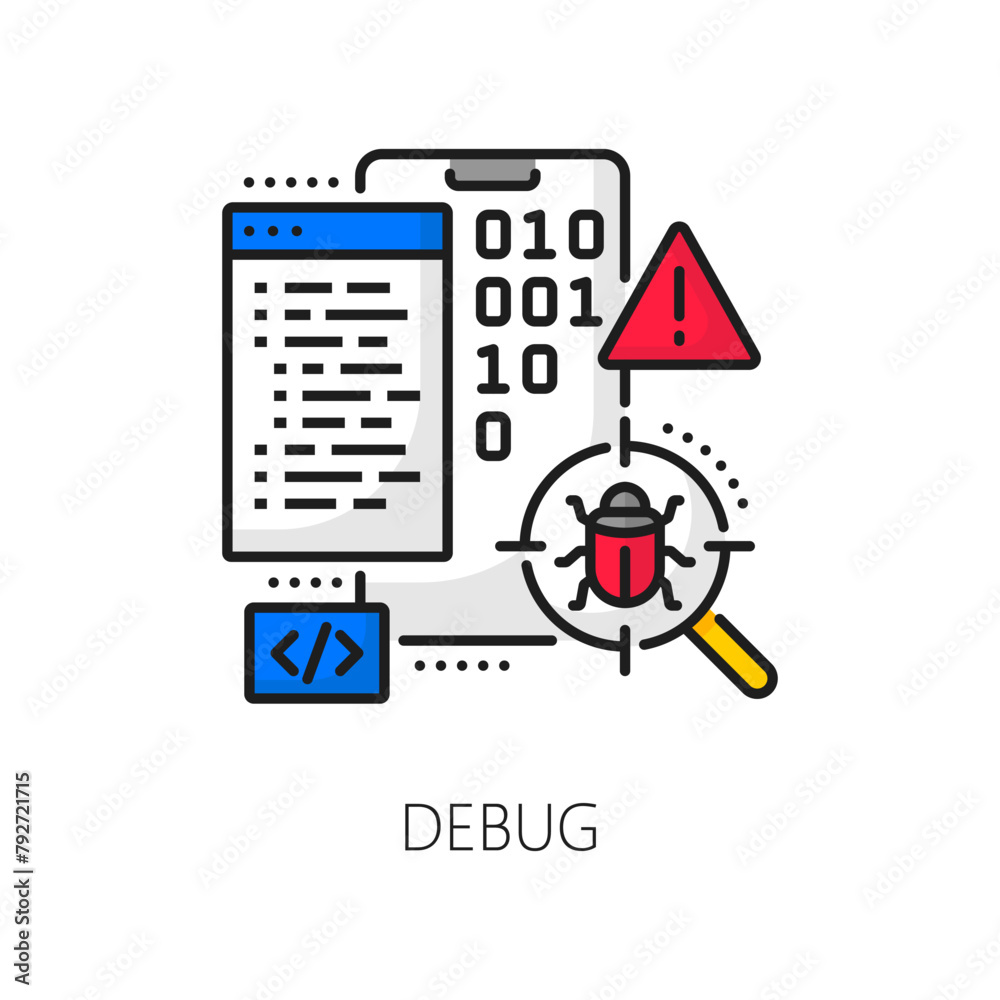 Poster cellphone application develop and debug, mobile software coding, web app optimization outline icon. 