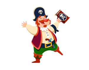 Obraz na płótnie Canvas Cartoon funny pirate captain character with beer tankard, corsair seaman. Isolated vector jovial one legged buccaneer raises a frothy mug with a toothy grin, and gun on his plump, belt-cinched waist