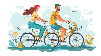 Happy woman and man rides on tandem bicycle isolated.