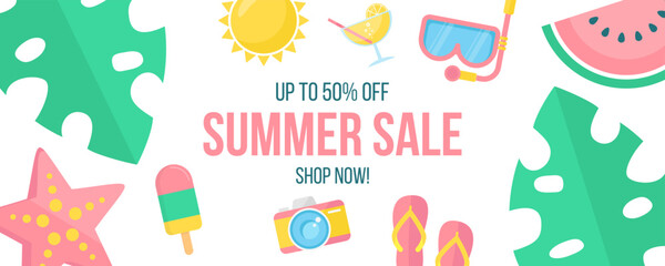 Summer Sale promotional banner. Summertime commercial background for retail, seasonal shopping, sale promotion and advertising. Vector illustration.