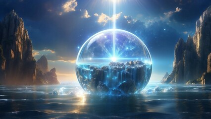 View of the big blue sphere full of light in the middle of beautiful landscape with sea and mountains, fantasy scene