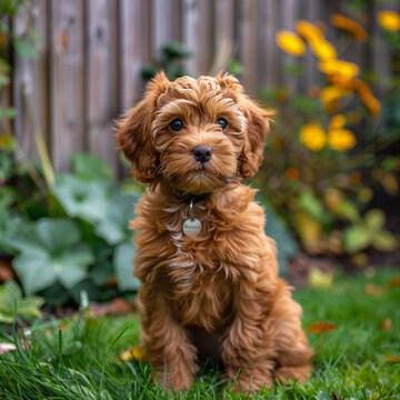 **brown cavapoo puppy, sitting in yard, in the style of playful appropriation, relatable personality, forced perspective, flower power, romantic emotivity, light green and yellow, wiesław wałkusk 