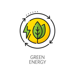 Green eco energy, clean power outline icon. Renewable green energy source, clean electricity generation power station linear vector icon or color pictogram with lightning green bolt and leaves