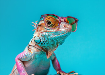 Colorful iguana wearing sunglasses against a turquoise background , showcasing a fun and quirky reptile portrait. - 792722568