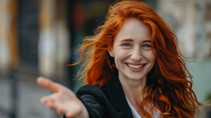 Fototapeta premium Woman with red hair extends her hand for a handshake