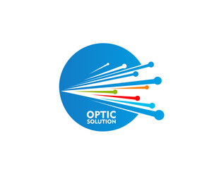 Fiber optic cable icon. Isolated vector emblem with stylized dynamic wires in blue circle. Symbol of telecommunication, data traffic transmission and connectivity or high-speed internet connection