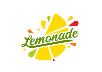 Lemonade drink icon, lemon fruit juice. Isolated vector emblem for refreshing citrus beverage, revitalizing cocktail or soda. Vibrant yellow lemon slice with colorful splashing drops and typography