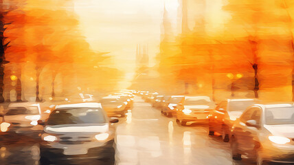 illustration orange autumn in the city, art traffic flow highway - 792723105