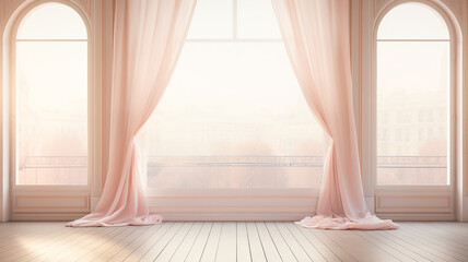 delicate pink curtain translucent silk on the window, interior light soft pastel , decoration wall room - 792723116