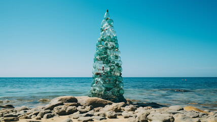 tower of collected empty plastic bottles on the seashore, the concept of pollution of the world's oceans with plastic - 792723157