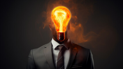 businessman with a burning light bulb instead of a head, idea, concept, an innovation,  new thought - 792723302