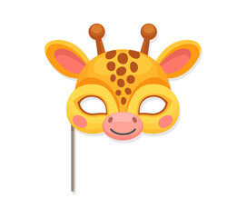 Carnival giraffe mask for kids birthday party costume, vector cartoon animal face. Funny giraffe muzzle mask on stick for kids birthday masquerade festival props and happy zoo animal face costume