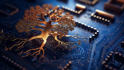 background concept is artificial intelligence, a symbol of nature and growth, a tree of life and a brain integrated and combined with a computer chip, fictional graphics - 792723304