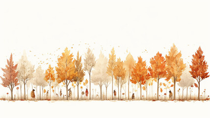 watercolor autumn yellow trees on a white background, a row of autumn trees simple illustration - 792723339