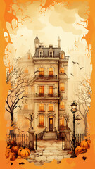 vertical background in orange autumn shades, house decorated for autumn, halloween greeting design - 792723517