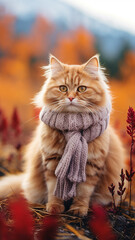 vertical autumn view, cute cat in autumn clothes on a landscape background, autumn joke funny picture - 792723521