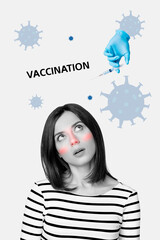 Composite photo collage sketch image of black white young lady look at syringe virus fly in air...