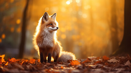 cute fox in the autumn forest, orange tones of an autumn day in a portrait of a wild nature predator - 792723713