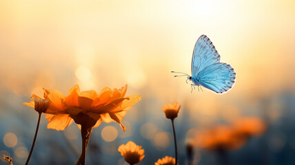 a small blue butterfly on a background of yellow flowers in the morning mist of spring. wildlife on the flower field, the concept of eco cleanliness of ecology and freedom - 792723720