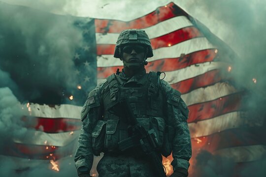 A powerful image of an unidentified soldier facing away, with the American flag waving amidst smoke representing patriotism and sacrifice