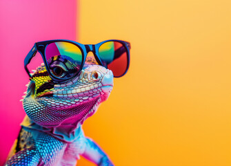 Stylish lizard with colorful scales wearing oversized sunglasses against a vibrant pink and orange background with copy space, perfect for quirky and fun themes. - 792724309