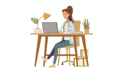 Young woman working at his office. Vector flat style