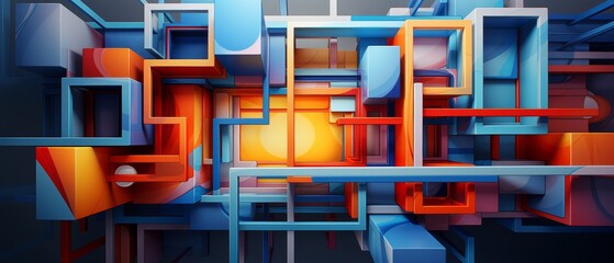 A 3D rendering of a colorful geometric structure with blue, orange, and yellow elements.