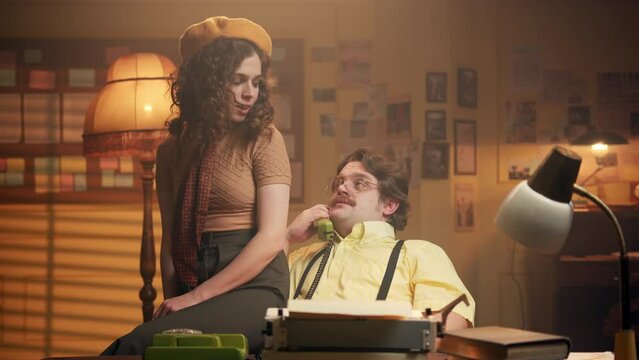woman in a retro office pesters her boss and he likes it. Sexual harassment in the workplace. mutual love affair in a vintage office in the evening after work.