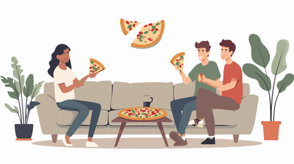 Young women men sitting on sofa and eating pizza in t