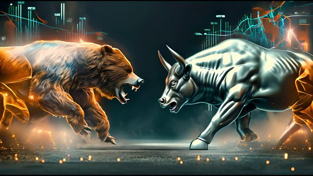 the bear and bull of stock market trading fighting each other with glowing eyes, cinematic lighting, ultra detailed