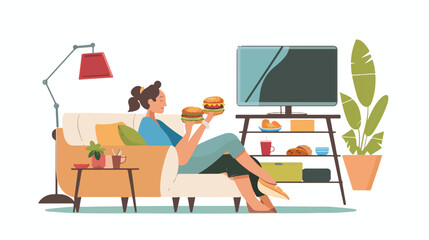 Young women sitting on sofa and eating burgers and wa