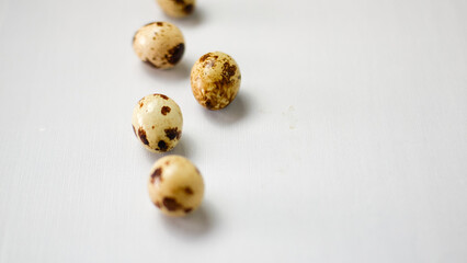 quail eggs in a row on white background