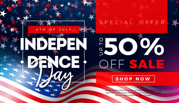 Fourth of July Independence Day Sale Banner Design with American Flag on Falling Stars Confetti Background. USA National Holiday Vector Illustration with Special Offer Typography Elements for Coupon