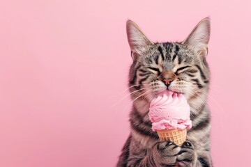 Fototapeta na wymiar Gray cat happily eats ice cream on a pink background, with space for copy text