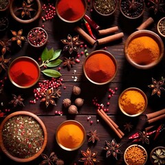 Spices and herbs, cooking ingredients condiments, top down view on wooden background