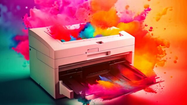 A printer with color splashes for office or professional photocopier.