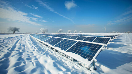 Solar field in the Netherlands covered in snow. - obrazy, fototapety, plakaty