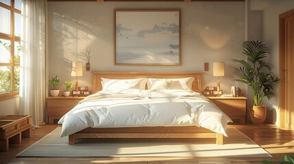 Bedroom Oasis A cartoon illustration of a rectangular bed frame made of hardwood, with two nightstands and two lamps The white linens and pillows provide a sense of calm against the hardwood flooring,