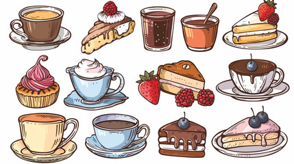 Hand drawn desserts coffee and tea. Isolated elements
