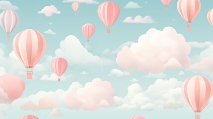 Hot air balloons in pastel color with clouds on the sky.