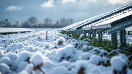 Solar field in the Netherlands covered in snow.