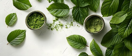 Mockup of kratom leaves and matcha tea on white background. Concept Product Photography, Herbal Products, Minimalist Composition, White Background, Creative Mockup