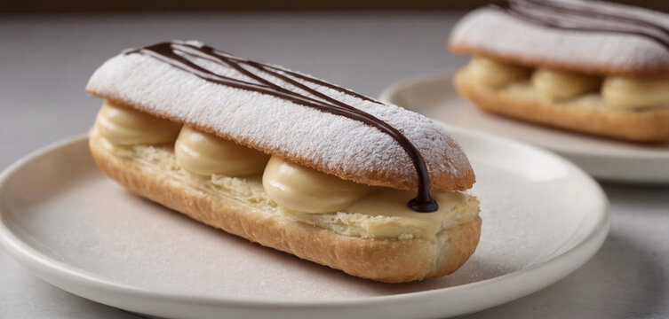 eclair with custard and sugar powder, wide cover image