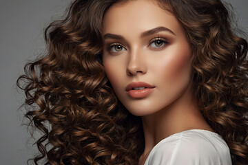 Beautiful young woman with long curly hair. Portrait of a girl with makeup and hairstyle.