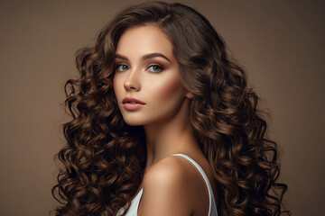 Beautiful woman with long curly hair. Portrait of a girl with makeup.