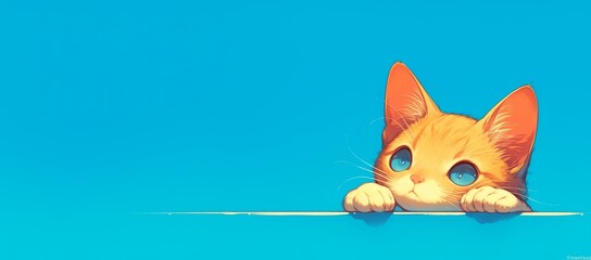 Fototapeta premium A cute orange cat is lying on the table with its head tilted and peeking at you against a blue background. 